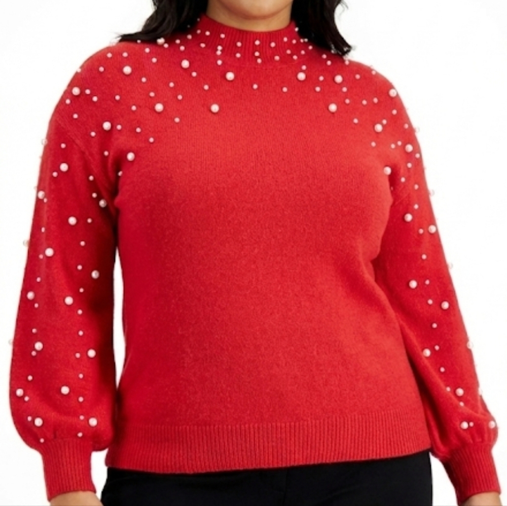 John Paul Richard Mock Neck Blouson Sleeve Red Pearl Embellished Sweater Size 3X